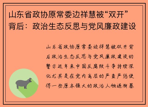 山东省政协原常委边祥慧被“双开”背后：政治生态反思与党风廉政建设的警示