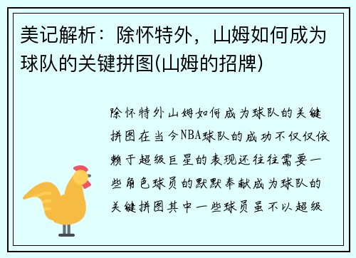 美记解析：除怀特外，山姆如何成为球队的关键拼图(山姆的招牌)