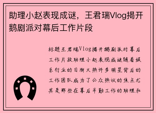助理小赵表现成谜，王君瑞Vlog揭开鹅剧派对幕后工作片段