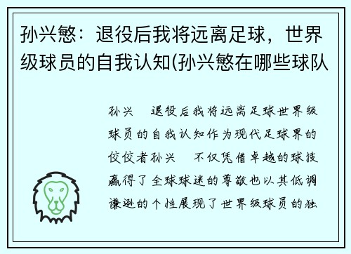 孙兴慜：退役后我将远离足球，世界级球员的自我认知(孙兴慜在哪些球队效力)