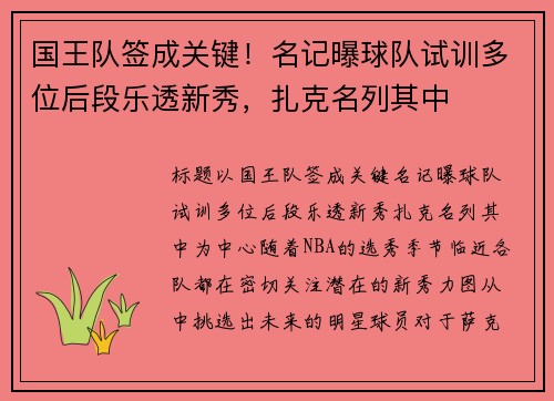 国王队签成关键！名记曝球队试训多位后段乐透新秀，扎克名列其中