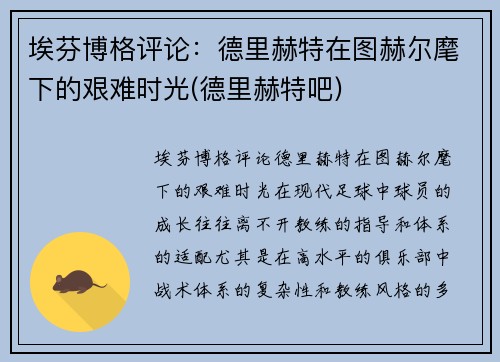 埃芬博格评论：德里赫特在图赫尔麾下的艰难时光(德里赫特吧)