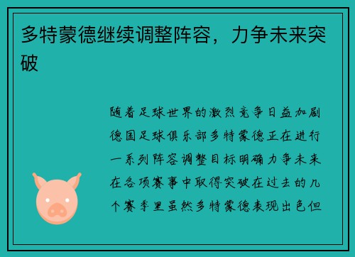 多特蒙德继续调整阵容，力争未来突破