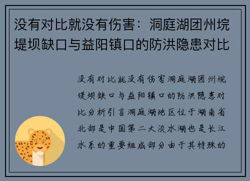 没有对比就没有伤害：洞庭湖团州垸堤坝缺口与益阳镇口的防洪隐患对比分析