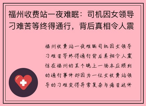 福州收费站一夜难眠：司机因女领导刁难苦等终得通行，背后真相令人震惊