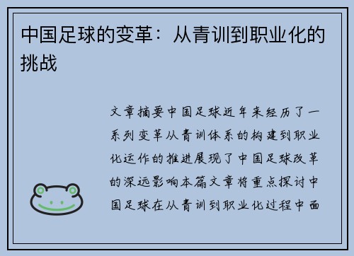 中国足球的变革：从青训到职业化的挑战