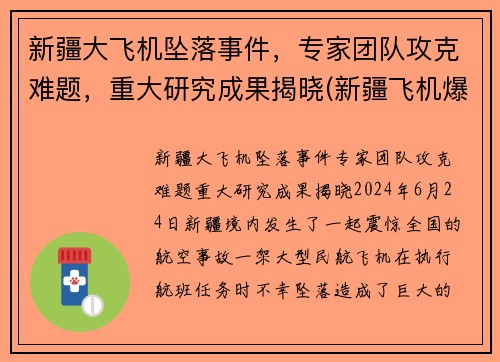新疆大飞机坠落事件，专家团队攻克难题，重大研究成果揭晓(新疆飞机爆炸事件)