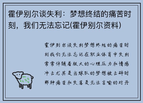 霍伊别尔谈失利：梦想终结的痛苦时刻，我们无法忘记(霍伊别尔资料)
