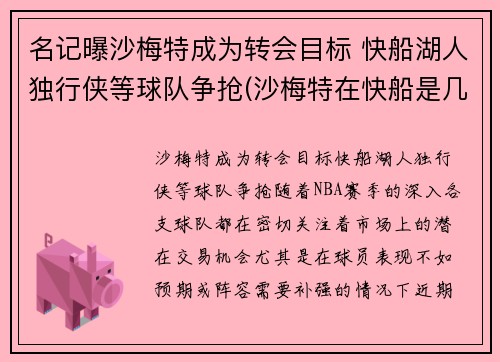 名记曝沙梅特成为转会目标 快船湖人独行侠等球队争抢(沙梅特在快船是几号球衣)